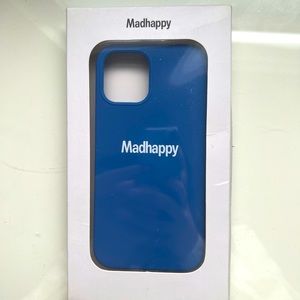 Madhappy classic iPhone 12 Pro case. Blue case with Madhappy written in white.